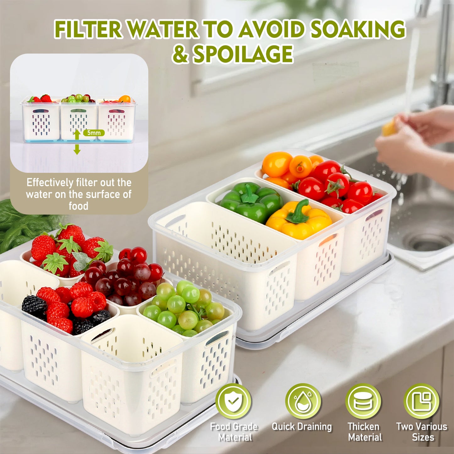 2 Pack Fruit Storage Containers for Fridge, Leakproof Fruit Containers for Fridge with Colanders, BPA-Free Produce Storage Containers with Lids Keep Fruits, Vegetables, Berry, Meat Fresh Longer