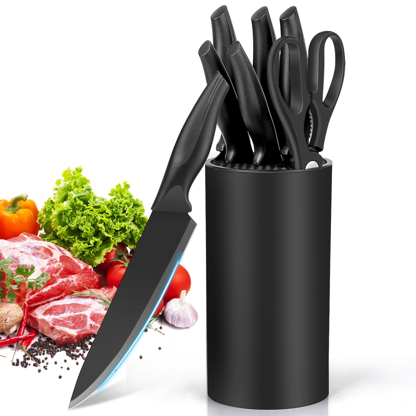 8-Piece Knife Set, AOKIWO Stainless Steel Professional Kitchen Knife Set for Chef, Kitchen Knives Set with Block, Dishwasher Safe (Black)