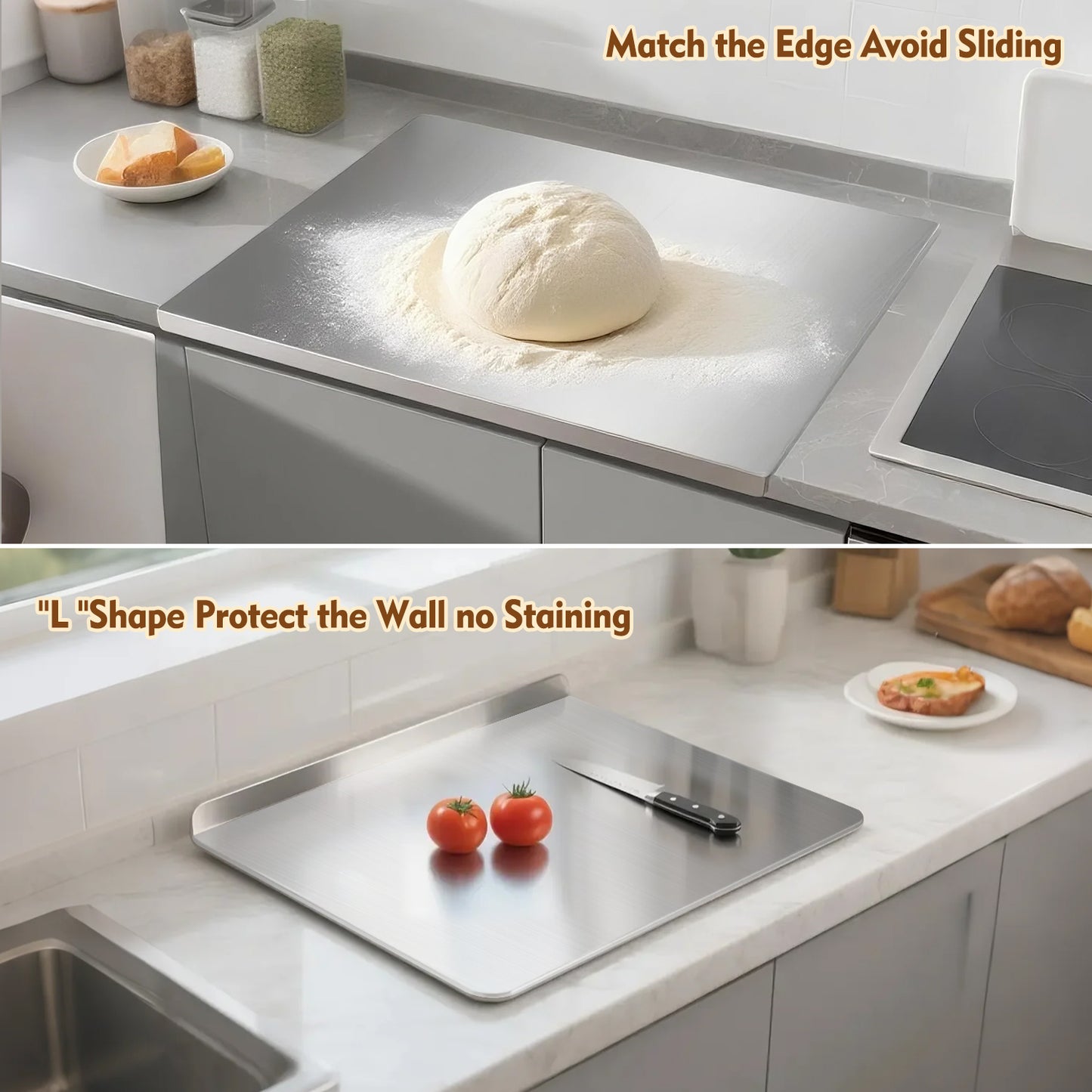 Stainless Steel Cutting Boards for The Kitchen, AOKIWO Large-sized Baking Cutting Boards w bench scraper for Kitchen, Suitable for Meat, Fruits, Vegetables, Bread(19.7 x 15.7 in)