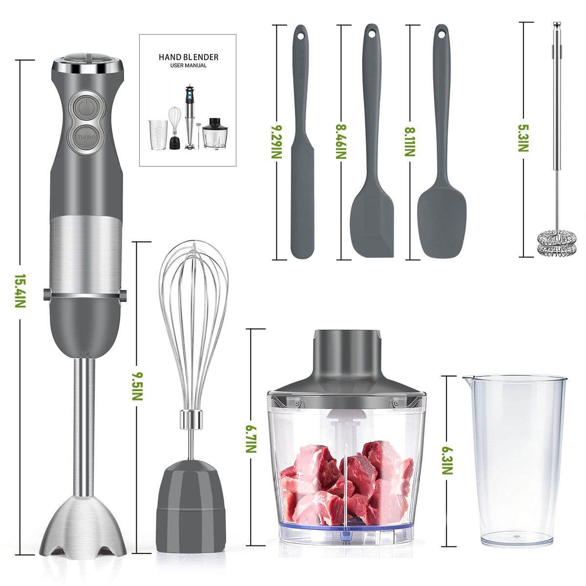 Immersion Blender Handheld, AOKIWO 5 in 1 Hand Blender 12 Speed Turbo Mode Stick Blender with Chopper, Milk Frother, Whisk, Beaker, Stainless Steel Hand Blender For Smoothie, Sauces