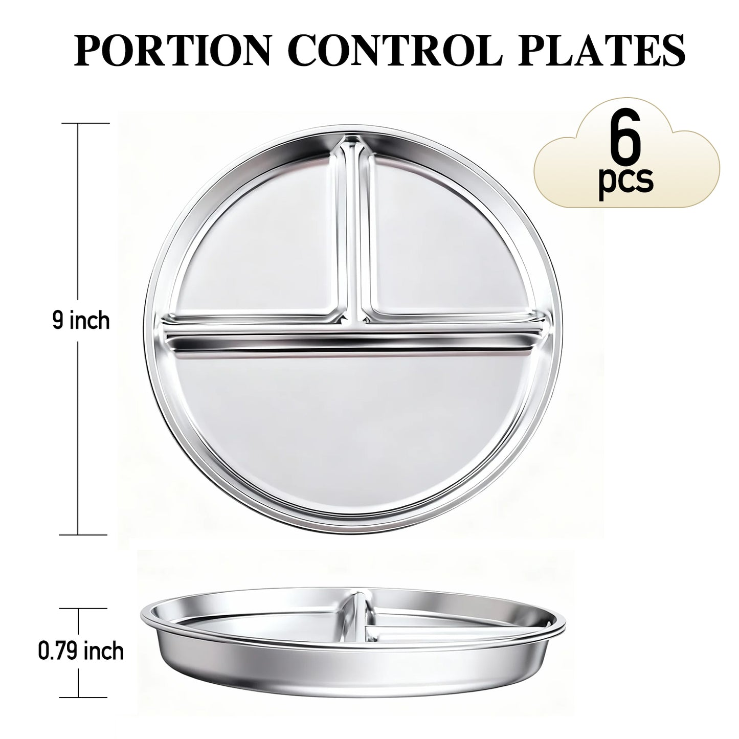 6 Pcs Stainless Steel Divided Plates, TAIMASI 9" Portion Control Divided Metal Plate with 3 Sections, Reusable Plates Round Sectioned Plate for Kids Adults Lunch, Picnic