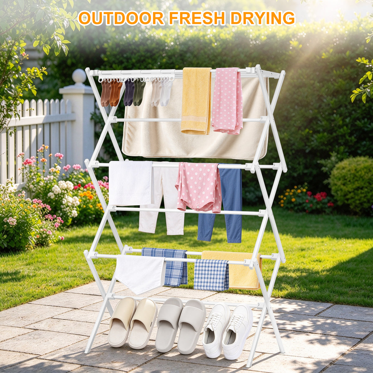 3-Tier Foldable Clothes Drying Rack, Portable Metal Drying Rack Clothing, Collapsible Laundry Drying Rack, Antirust Clothing Rack for Indoor Outdoor Air Drying, 13.4" D x 28.7" W x 45.7" H, White