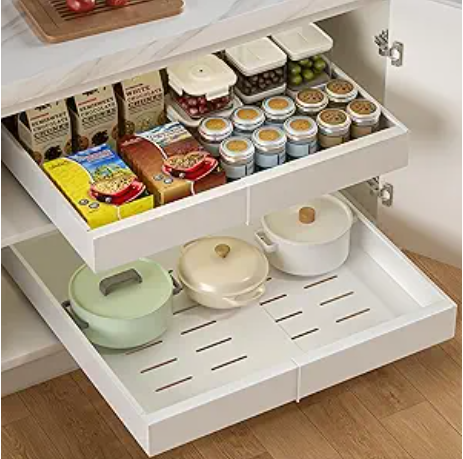 2 Pack Pull Out Cabinet Organizers Expandable (13''-19''), Slide Out Drawers for Kitchen, Bathroom, Pantry, Under Sink Storage, Pull Out Drawers Fixed with Adhesive Nano Film (White)