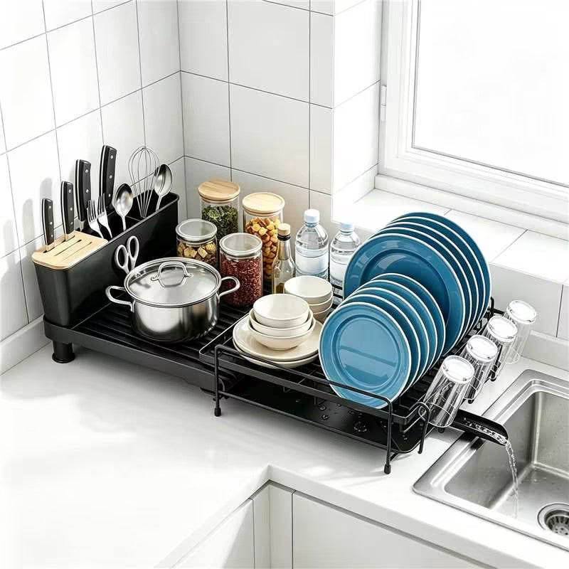 Extendable Dish Rack for Kitchen Counter, TAIMASI Multifunctional Large Dish Drying Rack, Anti-Rust Dish Drainers with Drainboard, Utensil Holder, Cup Holder, 19.2"-26.7" L x 12.9" W, Black