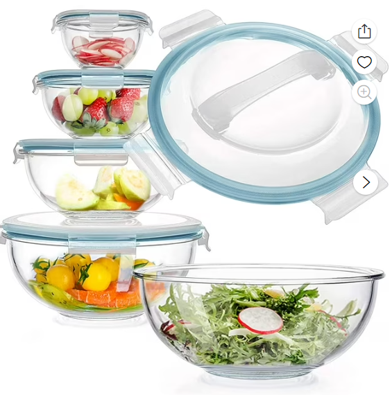 Glass Mixing Bowls Set, AOKIWO 9 Pack 4 Size Glass Food Mixing Bowls with BPA-Free Lids & Baking Tools, Nesting Storage Bowls for Kitchen, Great for Prep, Baking, Serving