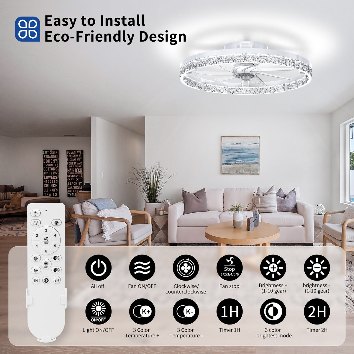 Ceiling Fans with Lights and Remote, 20'' Low Profile Ceiling Fans, 3000-6000K Dimmable Modern Flush Mount LED Fan Light