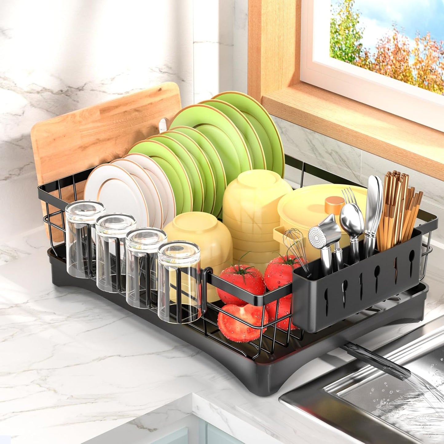 AOKIWO Dish Drying Rack, Durable Stainless Steel Large Dish Rack Kitchen Counter Dish Drainer with Drainboard Over Sink for Cups, Knives, Spoons, and Forks (L16.9"*W12.5")