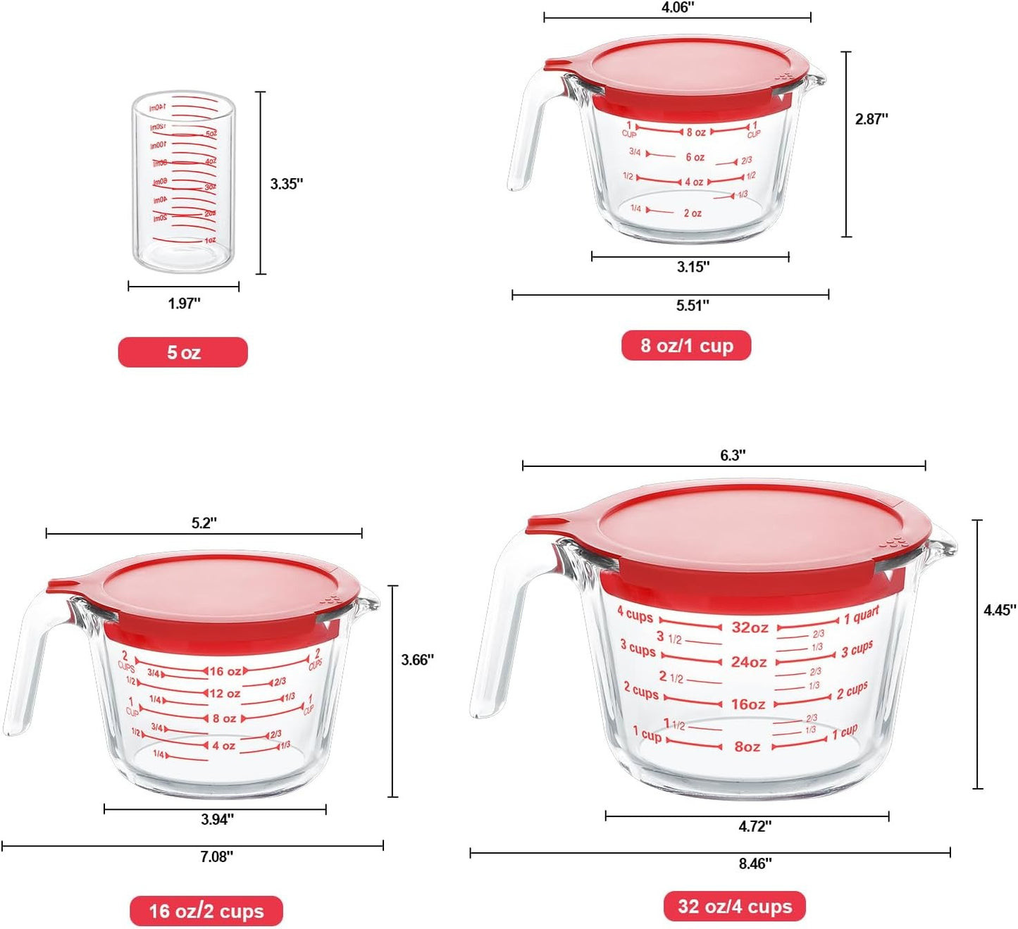 TAIMASI 9 Pcs Glass Measuring Cups Set with Lids, 4-Cup, 2-Cup, 1-Cup, 5 oz Liquid Measuring Cups & 5 Measuring Spoons | Microwave, Freezer & Dishwasher Safe