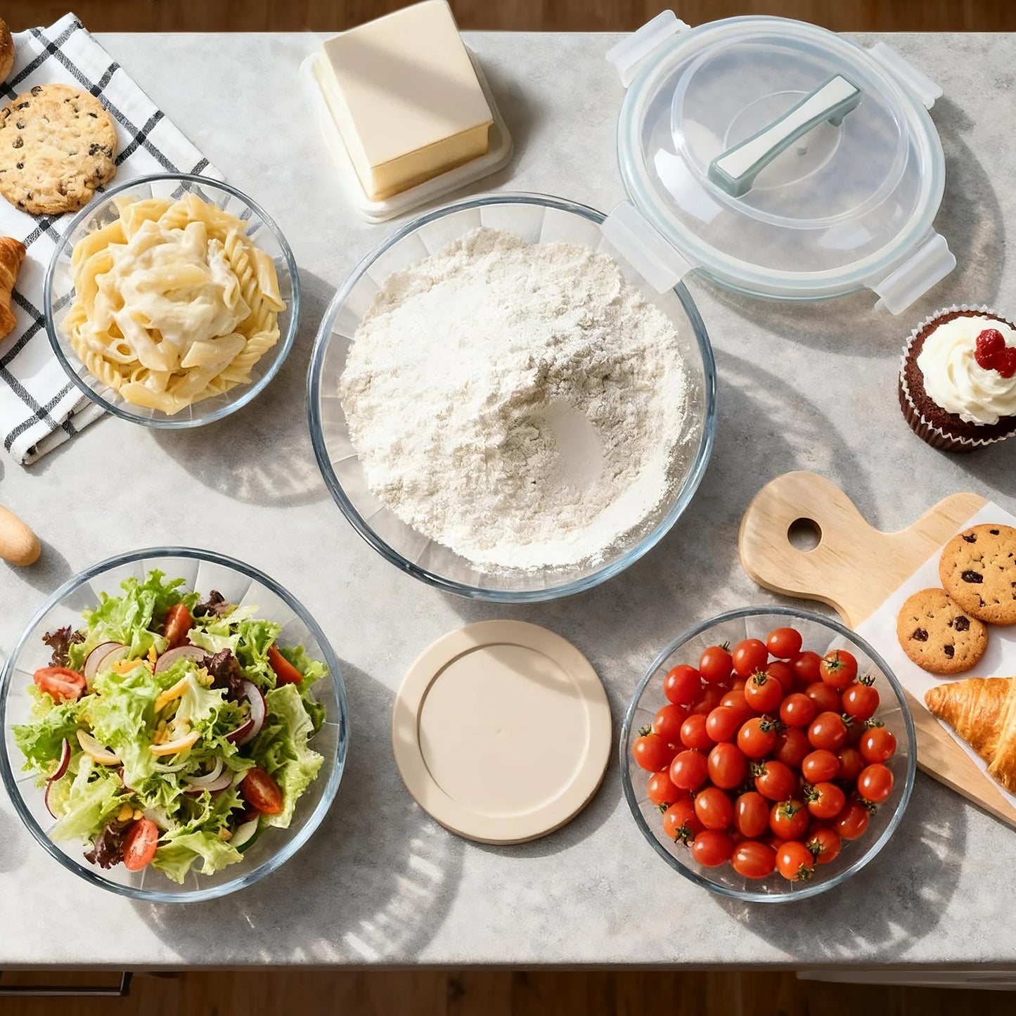 Glass Mixing Bowls Set, AOKIWO 9 Pack 4 Size Glass Food Mixing Bowls with BPA-Free Lids & Baking Tools, Nesting Storage Bowls for Kitchen, Great for Prep, Baking, Serving