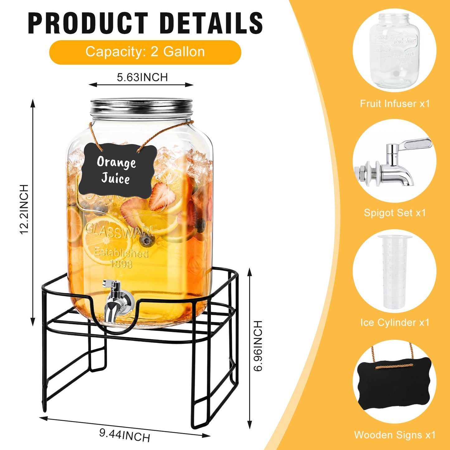 Drink Dispensers, TAIMASI 2 Gallon Glass Beverage Dispenser with Stand & Stainless Steel Spigot for Parties, Lemonade Dispenser for Sun Tea, Picnic