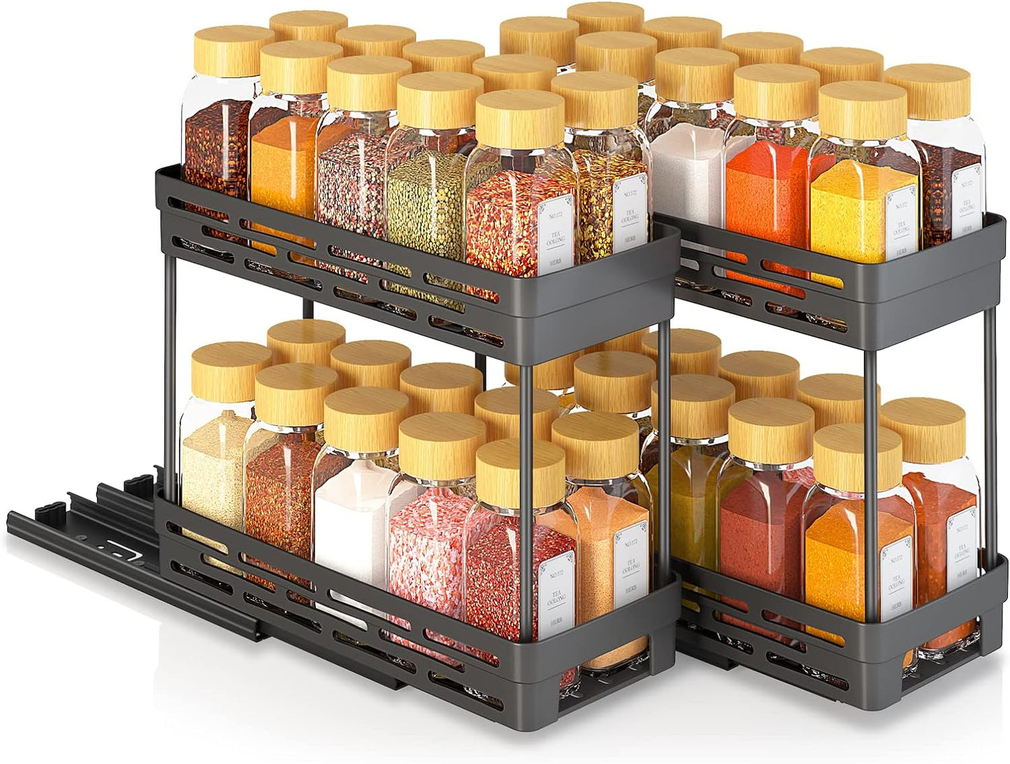2 Pack Pull Out Spice Rack Organizer for Cabinet, AOKIWO Multi-Purpose Kitchen Storage Cabinet Organizer, Fits 12"H x 11"D x 5"W, Black