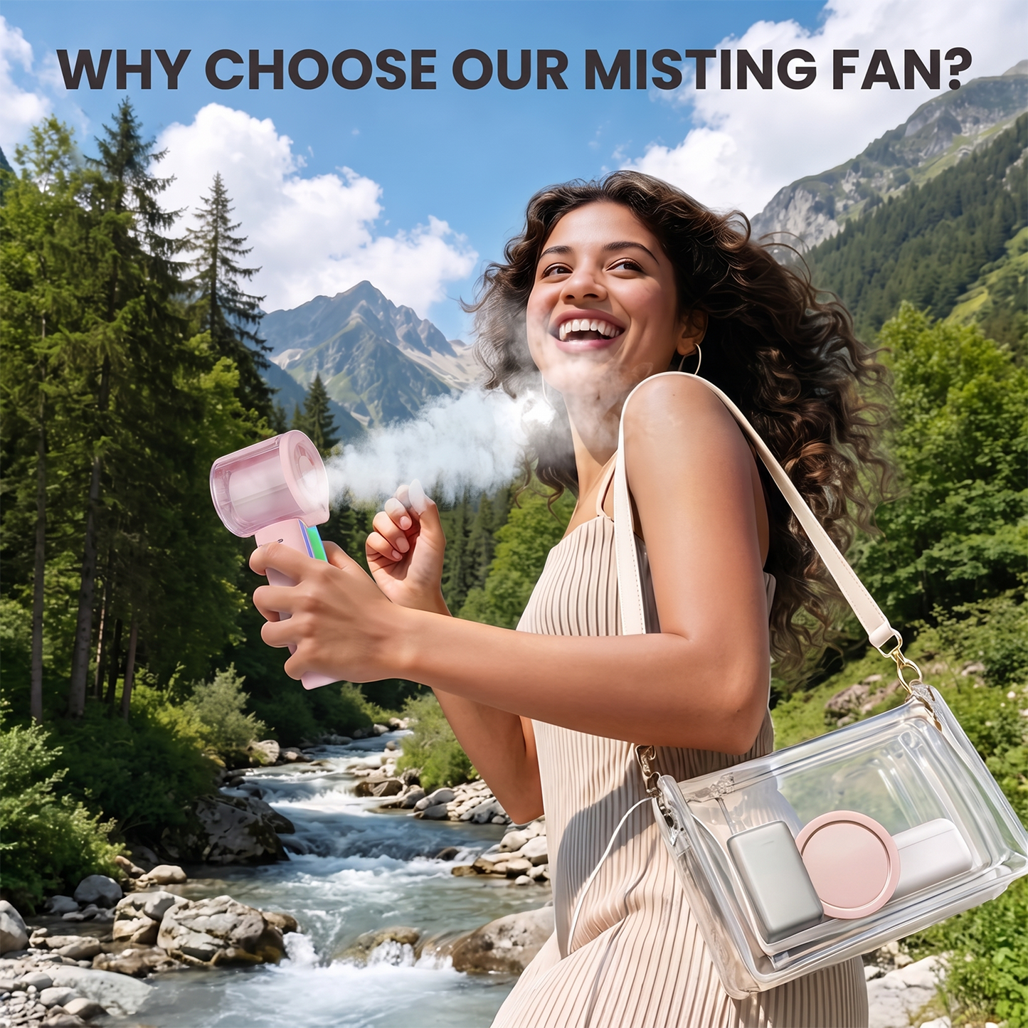 MIBOTE Upgraded Misting Fan Portable Fan with Digital Display, 30ml Water Tank, Multiple Speeds, Portable for Outdoor and Travel –Pink