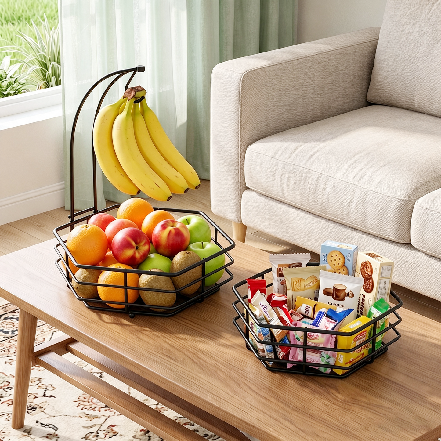 2 Tier Detachable Metal Fruit Basket for Kitchen Counter with 2 Banana Hangers, TAIMASI Stackable Hexagonal Metal Fruit Bowl for Bread Vegetable Fruits, Black