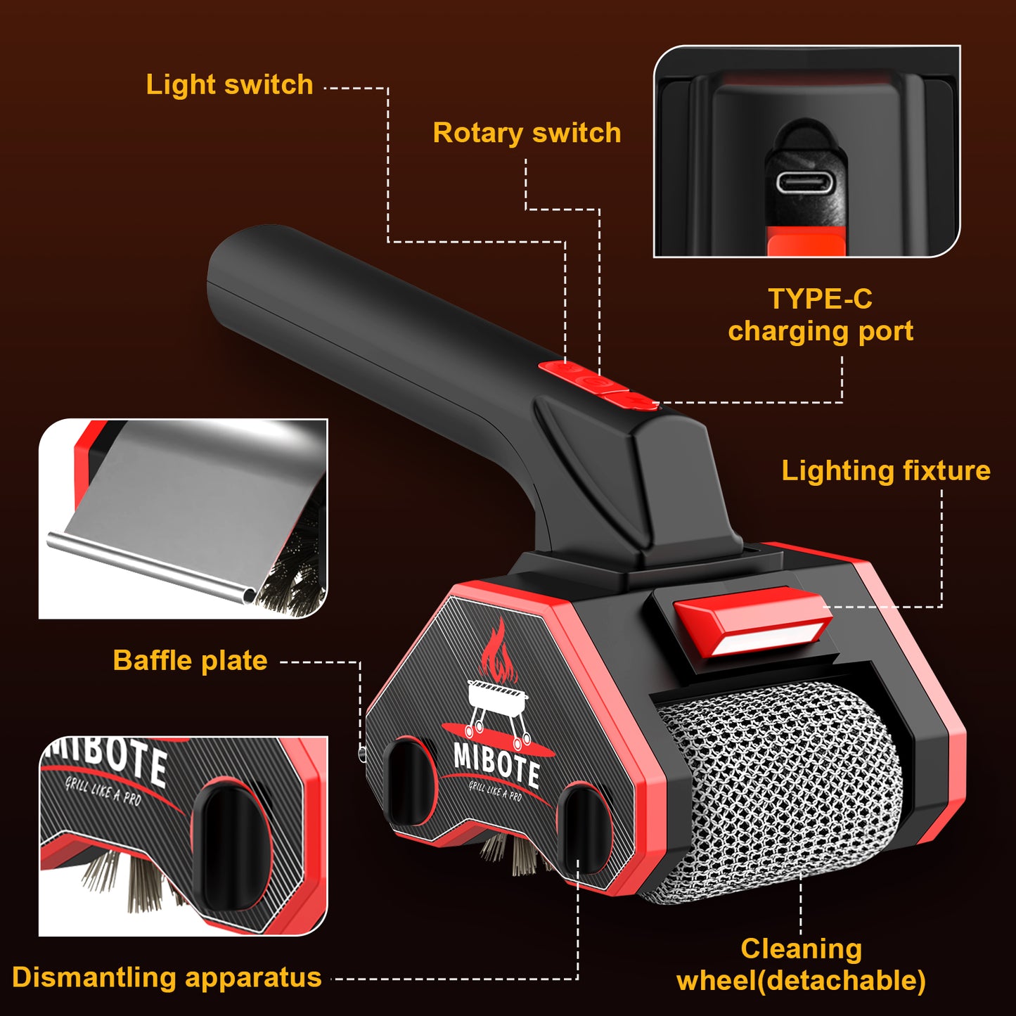 Electric Grill Brush,2-Speed Adjustment with 304 Stainless Steel,Rechargeable ,Waterproof for Outdoor Barbecue