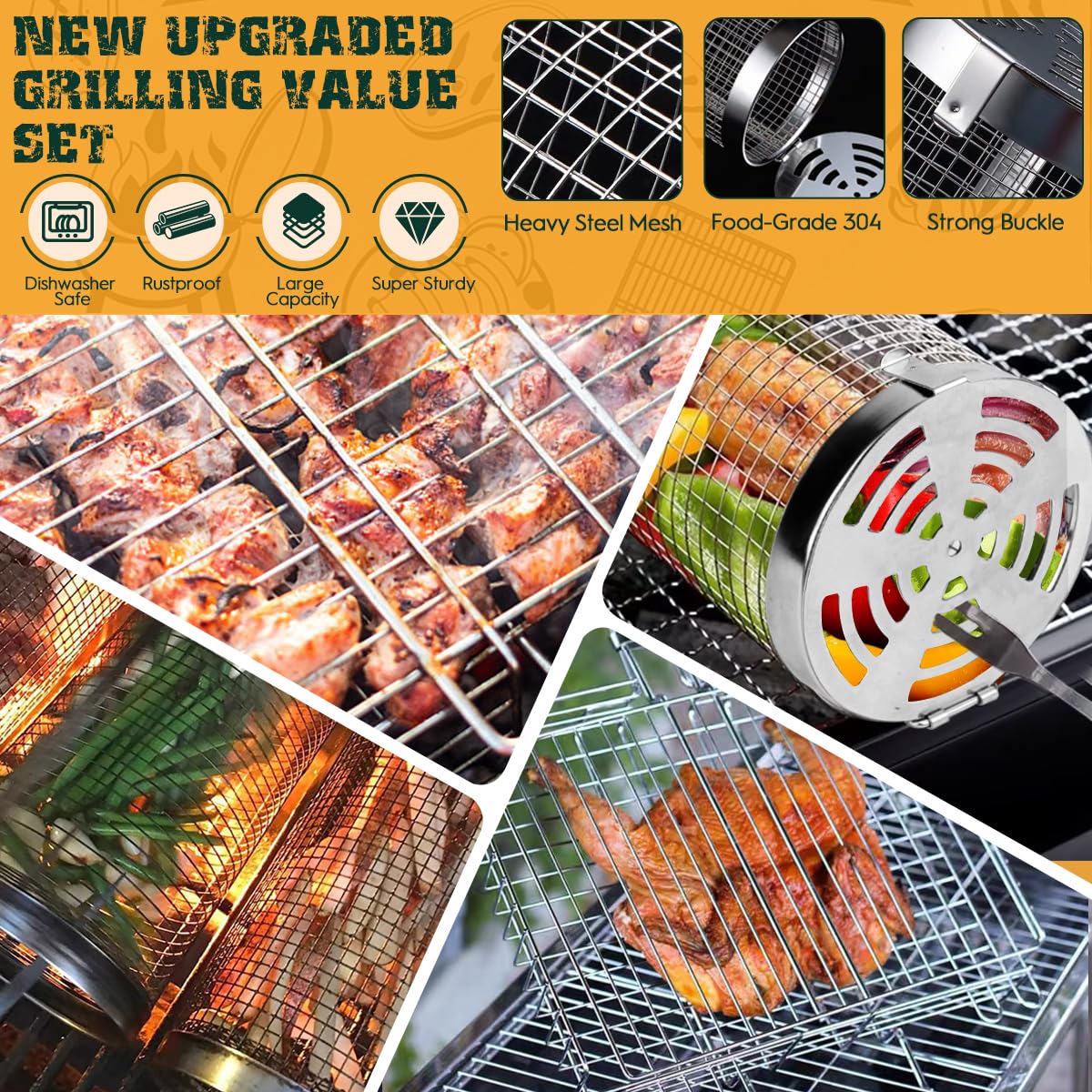 Grill Basket, 11pcs Rolling Grill Baskets For Outdoor Grill