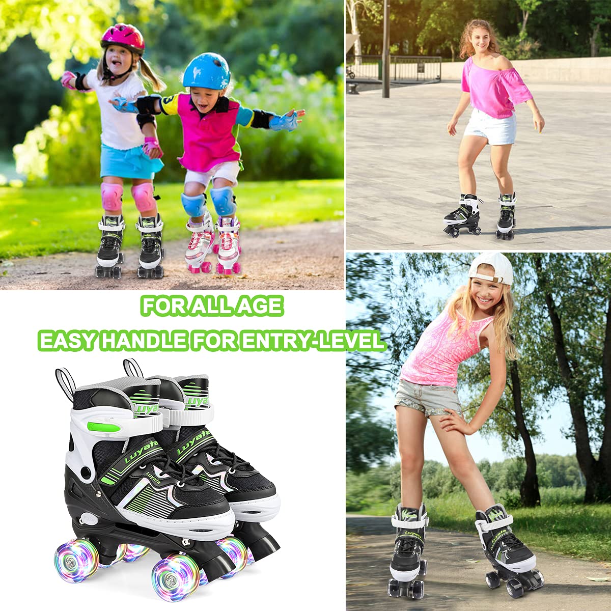 Roller Skates for Girls Boys Adjustable, 4 Size Ages 3-12 , Kids Roller Skates with Light Up 8 Shining Wheels, 3 Color Shining Roller Skates for Toddlers Boys Girls Beginners(Size 10C - 13C US)