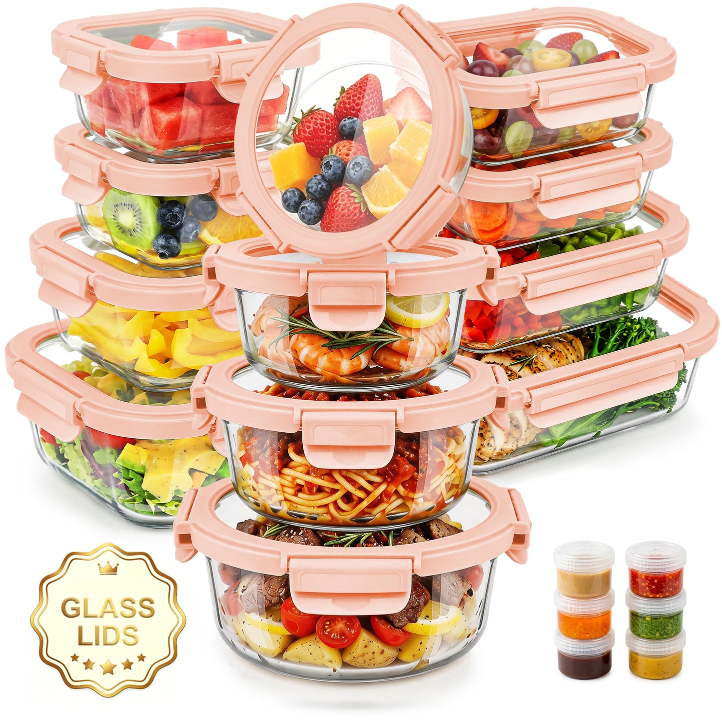 36 Pcs Glass Food Storage Containers with Tempered Lids Set, Borosilicate Oven-Safe(-4°F~950°F), Airtight Meal Prep Lunch Box Containers (18 Containers & 18 Lids), Pink