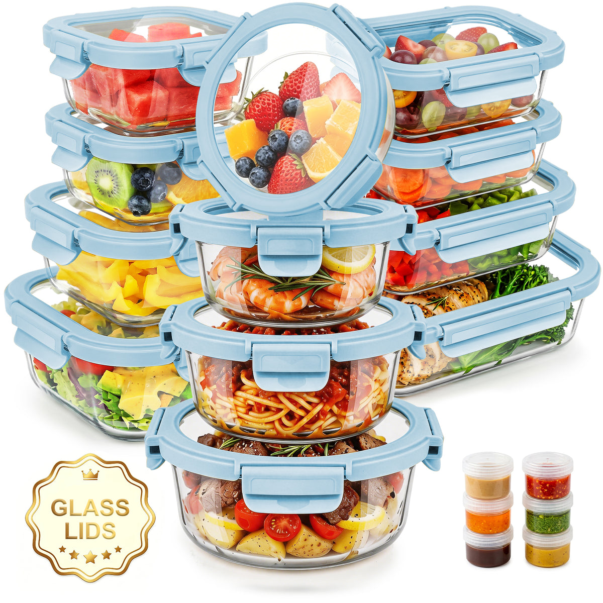 36 Pcs Glass Food Storage Containers with Tempered Lids Set, Borosilicate Oven-Safe(-4°F~950°F), Airtight Meal Prep Lunch Box Containers (18 Containers & 18 Lids), Milk blue