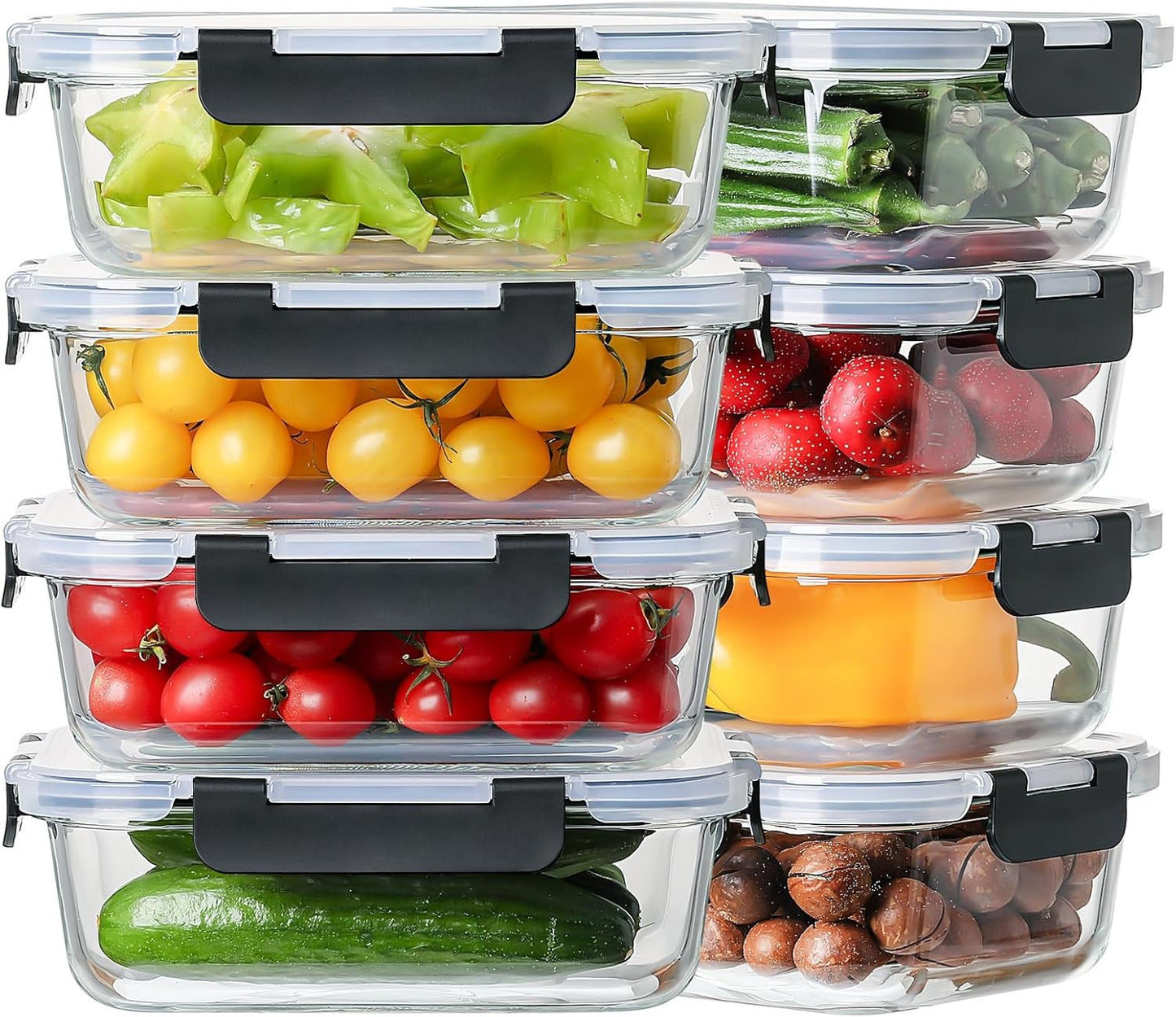 TAIMASI 16 Pcs Glass Food Storage Containers Set, 36oz Large Glass Meal Prep Containers with Leak Proof Snap Lock Lids, Airtight Bento lunch Boxes, Black