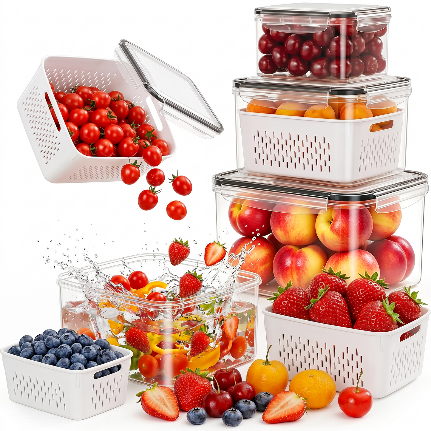 4 Pack Fruit Storage Containers for Fridge with Removable Colanders and Lids, 4 in 1 Leakproof Fridge Organizer Bins for Salad Berry Lettuce Vegetables Meat Keeper Fresh