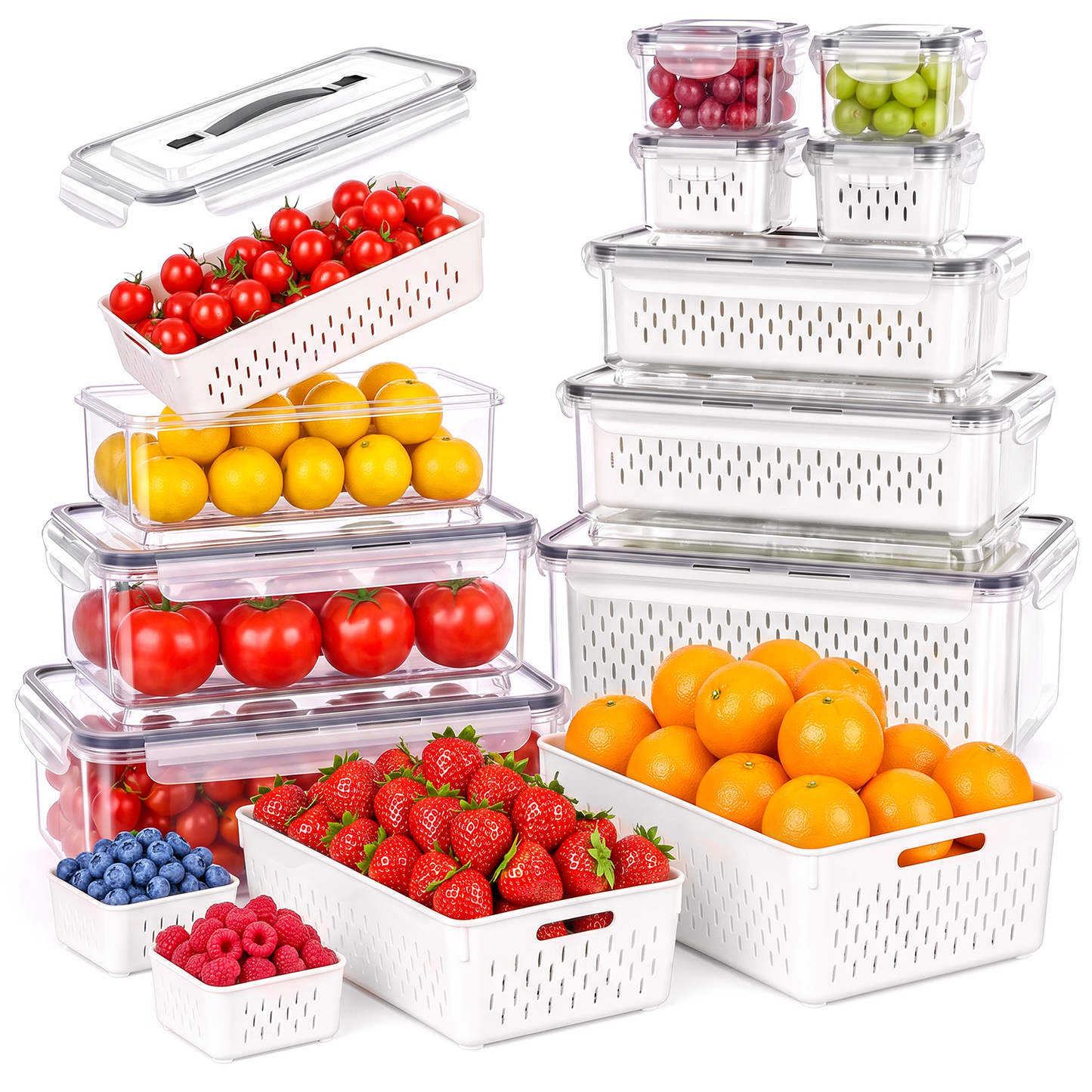 10 Pack Fruit Storage Containers for Fridge with Removable Colander & Handle Lid, Refrigerator Organizers and Storage, 10-in-1 Leakproof Organizer for Salad, Berries, Vegetables & Meat.