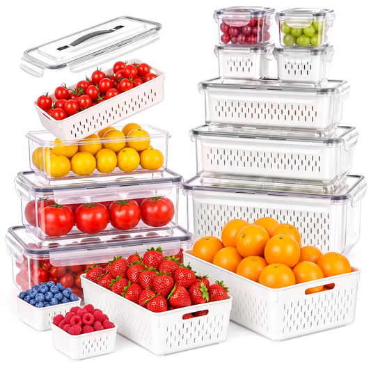 10 Pack Fruit Storage Containers for Fridge with Removable Colander & Handle Lid, Refrigerator Organizers and Storage, 10-in-1 Leakproof Organizer for Salad, Berries, Vegetables & Meat.