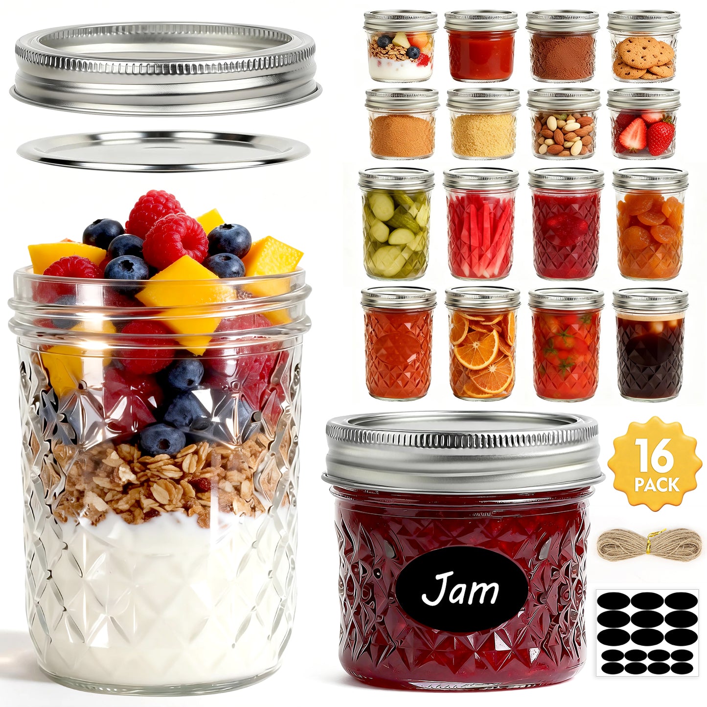 16 Pack Mason Jars Set, 8×16oz Wide Mouth + 8×4oz Regular Mouth Mason Jars with Seal Lids, Labels & Hemp Rope, Glass Canning Jars for Pickling, Jam, Jelly, Honey, Dessert, DIY Candles