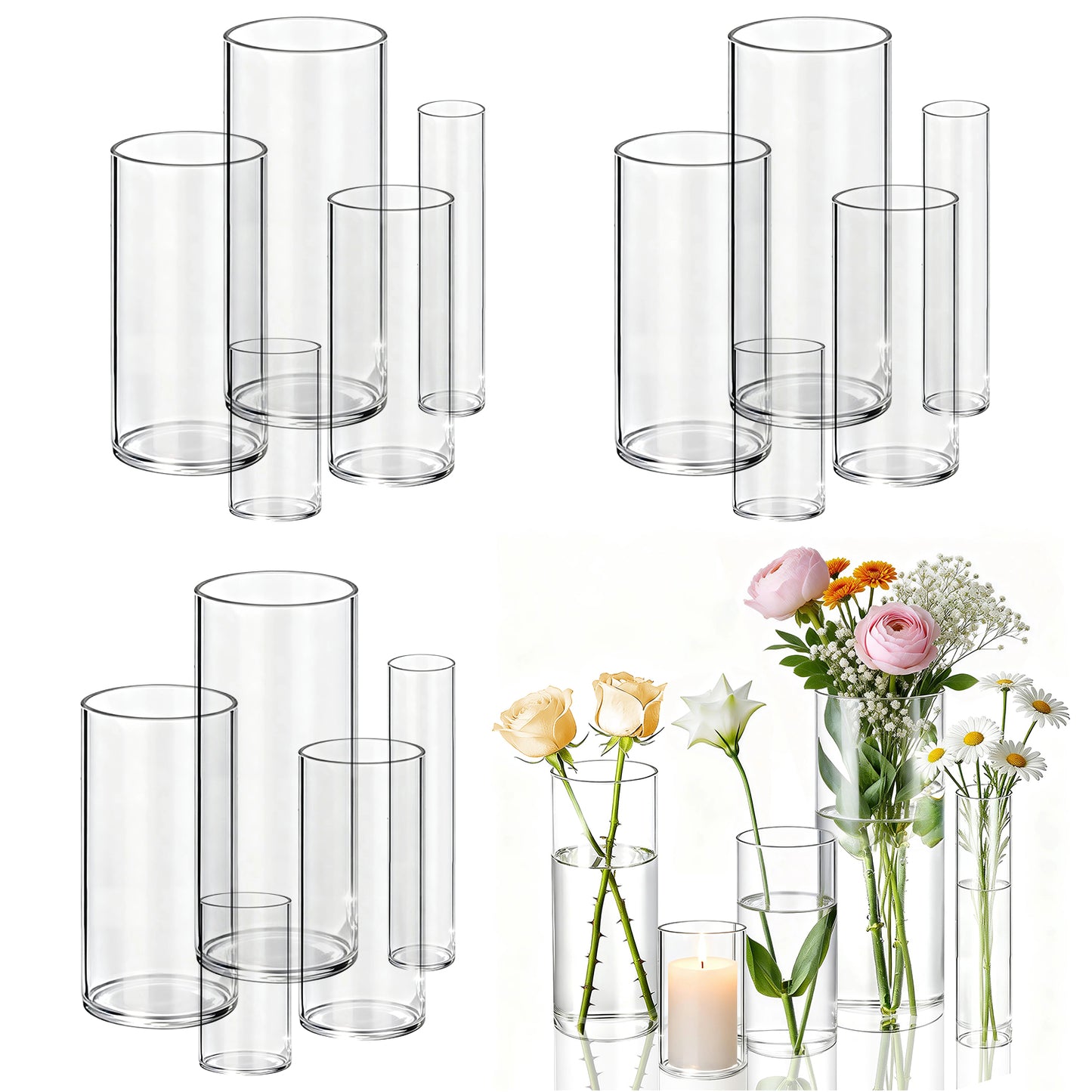 20pcs Modern Cylinder Glass Vase for Home Decor, Wedding Party Decor with Wide Mouth