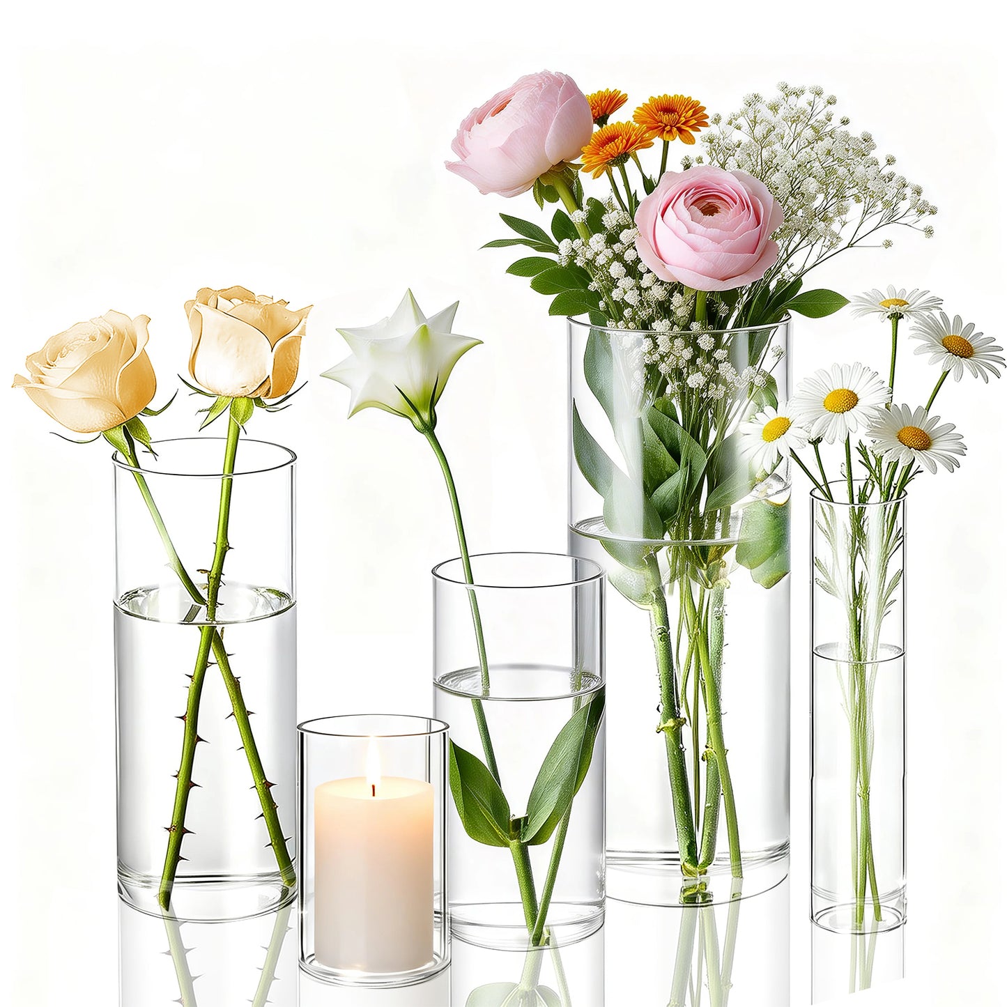 5pcs Modern Cylinder Glass Vase for Home Decor, Wedding Party Decor with Wide Mouth