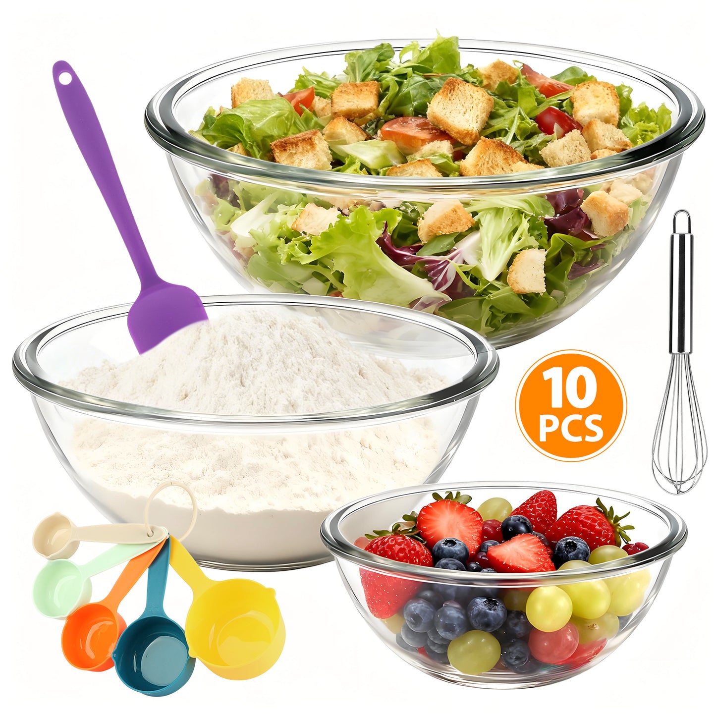 Glass Mixing Bowls Set, TAIMASI 10 Packs Nesting Glass Mixing Bowl with Baking Tools, Kitchen Storage Bowls for Prep, Servingwls for Prep, Serving, Baking,Oven,Dishwasher, Freezer, and Microwave Safe