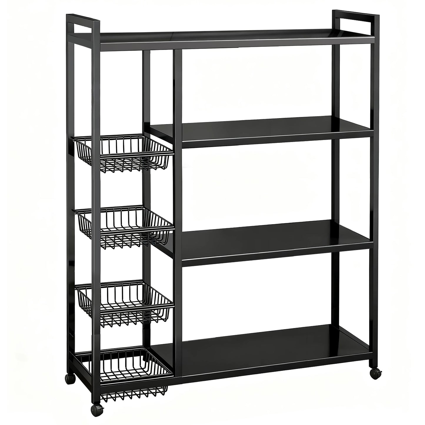 Movable Wire Rack, Heavy-Duty 4-Tier Storage Shelf with 4 Baskets and Wheels, Metal Shelves Organizer for Kitchen, Bathroom, Office, Garage, 39.37''L*12.59''W*53.14''H