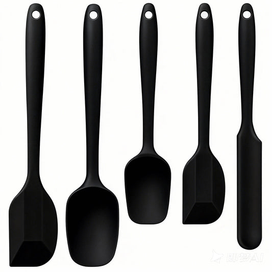 Food Grade Silicone Rubber Spatula Set, TAIMASI 5 Pcs Kithen Cooking Mixing Utensil Set, BPA-Free High Heat Resistant Non Stick Dishwasher-Black
