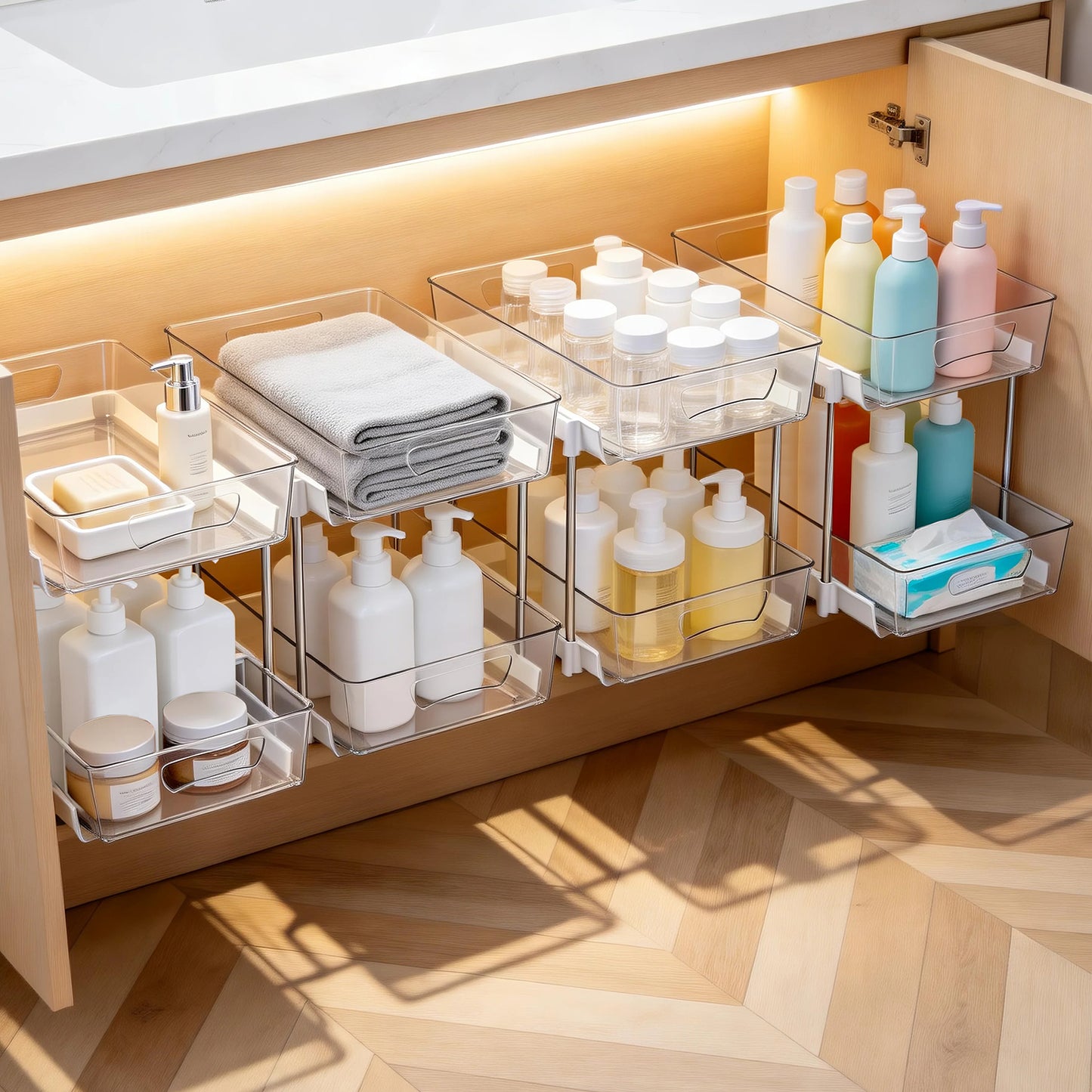 4 Pack Bathroom Organizer, 2 Tier Under Sink Organizers Vanity Countertop Storage Container, Kitchen Cabinet Drawers Bins, Pull-Out Organization for Pantry, Spice, White & Clear