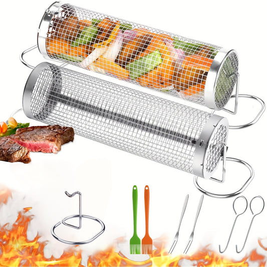 Rolling Grill Baskets for Outdoor Grilling, 2 Pcs Stainless Steel Grill Mesh, Rolling Grill Baskets for Outdoor Grill, Portable Grill Nets Cylinder for Shrimp, Meat Barbecue Camping Picnic with Forks