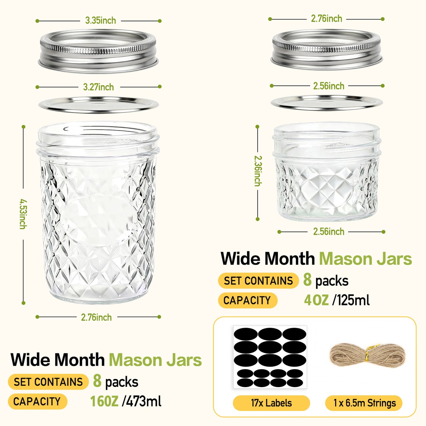 16 Pack Mason Jars Set, 8×16oz Wide Mouth + 8×4oz Regular Mouth Mason Jars with Seal Lids, Labels & Hemp Rope, Glass Canning Jars for Pickling, Jam, Jelly, Honey, Dessert, DIY Candles
