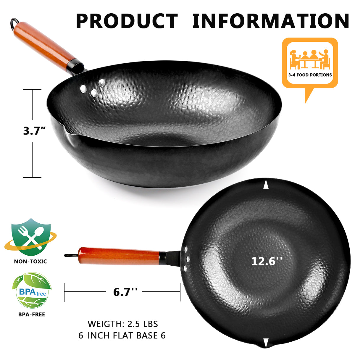 KAQINU Carbon Steel Wok Pan, 14 Piece Woks & Stir-Fry Pans Set with Wooden Lid Cookwares, No Chemical Coated Flat Bottom Chinese Pan for Induction, Electric, Gas, Halogen All Stoves - 12.6''
