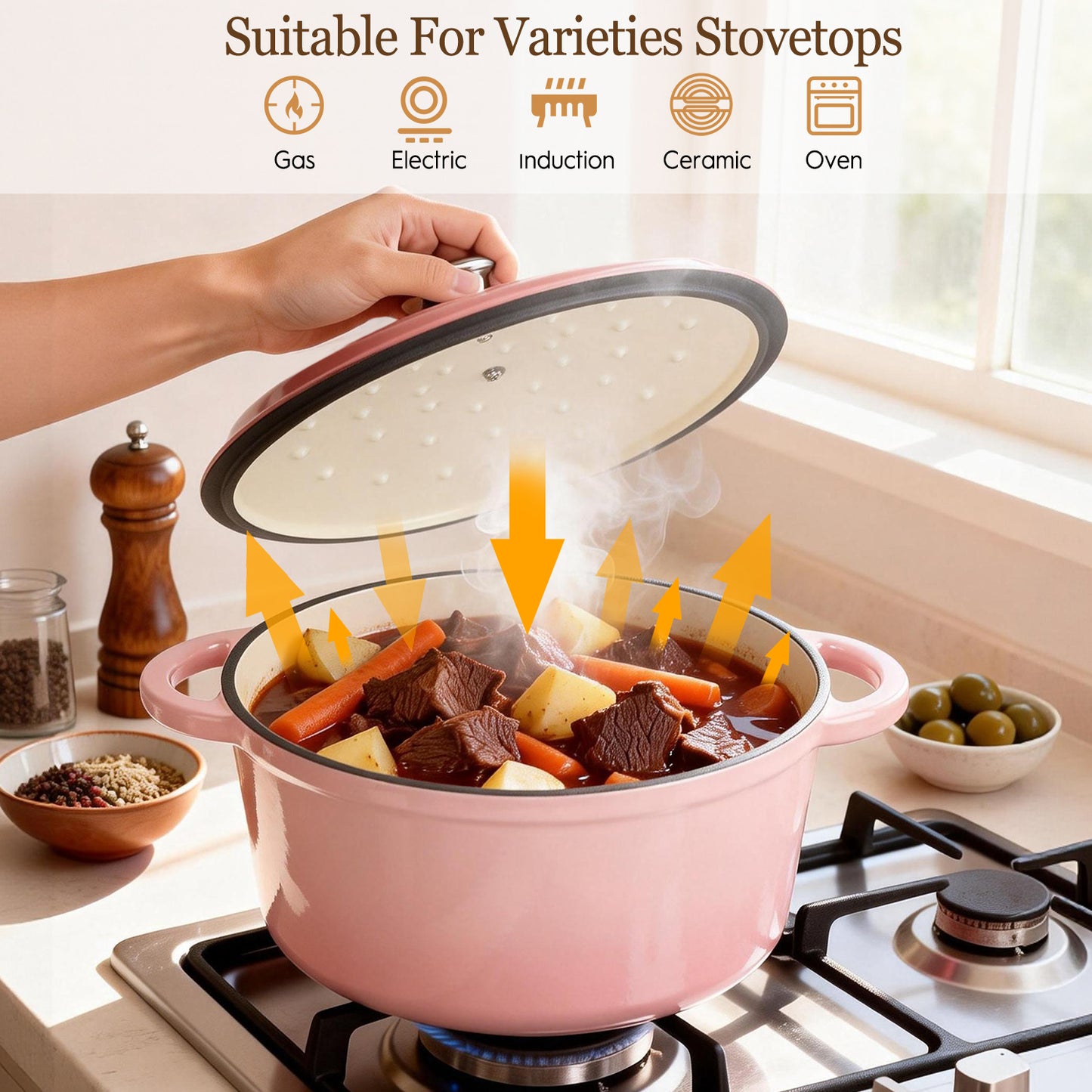 Enameled Cast Iron Dutch Oven, TAIMASI 5QT Dutch Oven Pot with Lid & Cotton Potholders, Heavy-Duty Cookware for Braising, Stews, Roasting, Bread Baking, All Stovetop Compatible (Pink)