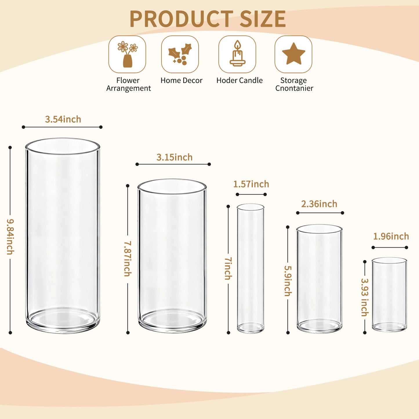 5pcs Modern Cylinder Glass Vase for Home Decor, Wedding Party Decor with Wide Mouth