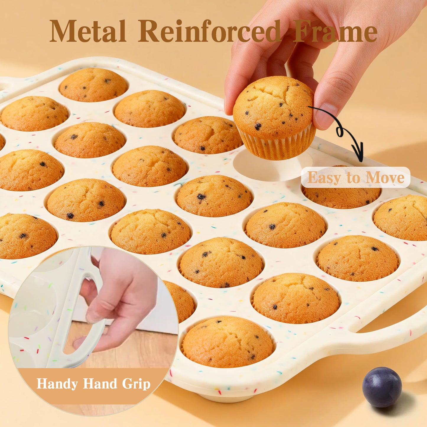 1 Pack Mini Silicone Muffin Pans for Baking, AOKIWO 24 Cups Silicone Cupcake Pan with Metal Reinforced Frame, Nonstick Baking Pan Molds for Homemade Muffins