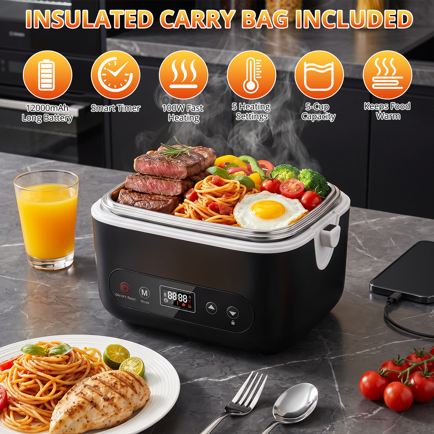 Heated Lunch Box, 5-Cup Electric Lunch Box for Adults, Rechargeable Heating Lunch Box with Scheduled Heating, Leak-Proof, Bonus Ice Pack & Insulated Bag for Work, Outdoor, Travel, Car, Office