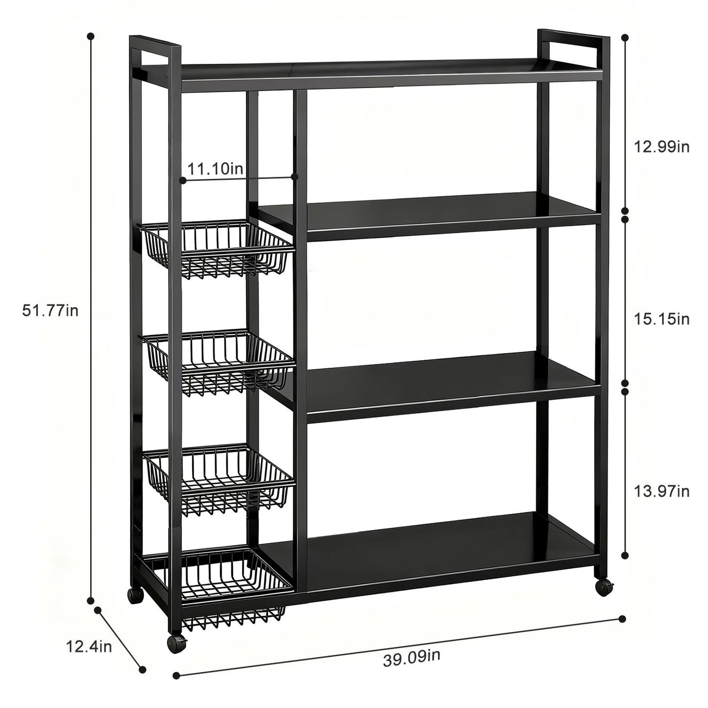 Movable Wire Rack, Heavy-Duty 4-Tier Storage Shelf with 4 Baskets and Wheels, Metal Shelves Organizer for Kitchen, Bathroom, Office, Garage, 39.37''L*12.59''W*53.14''H