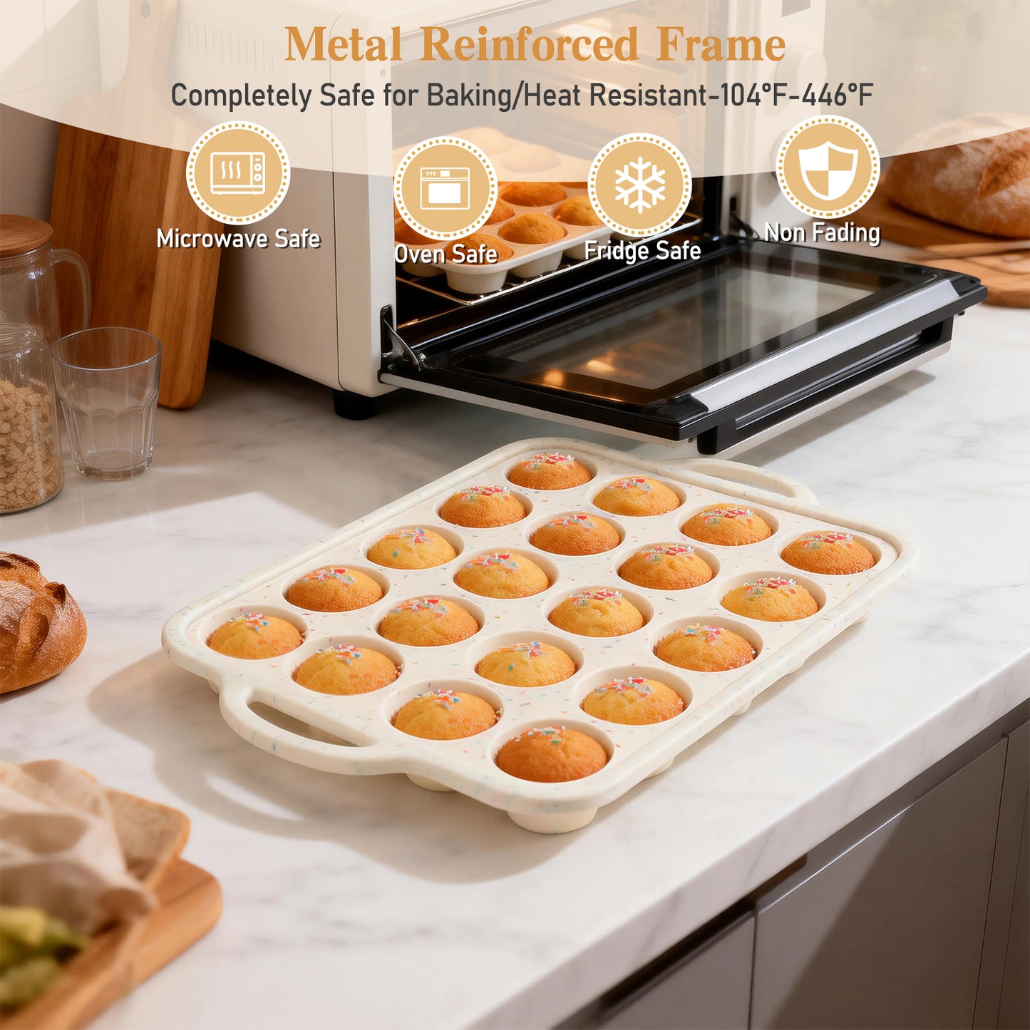 1 Pack Mini Silicone Muffin Pans for Baking, AOKIWO 24 Cups Silicone Cupcake Pan with Metal Reinforced Frame, Nonstick Baking Pan Molds for Homemade Muffins