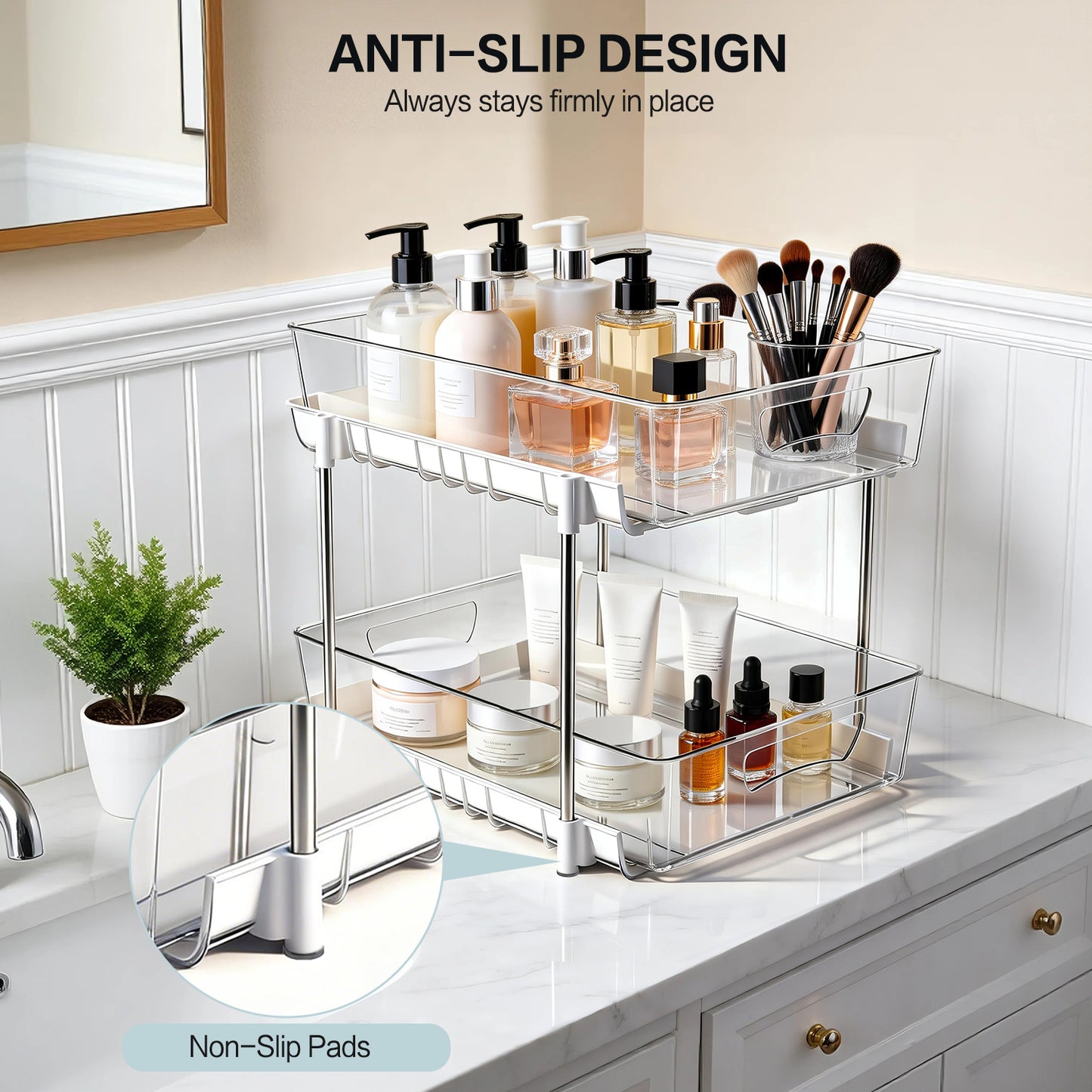 4 Pack Bathroom Organizer, 2 Tier Under Sink Organizers Vanity Countertop Storage Container, Kitchen Cabinet Drawers Bins, Pull-Out Organization for Pantry, Spice, White & Clear