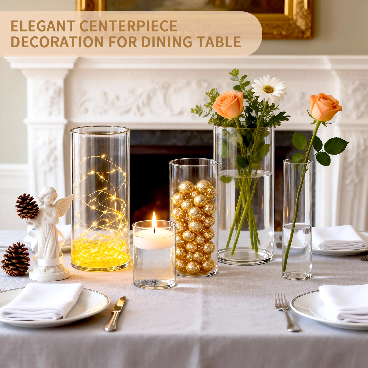 5pcs Modern Cylinder Glass Vase for Home Decor, Wedding Party Decor with Wide Mouth