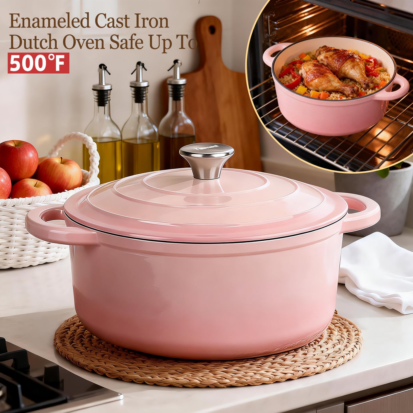 Enameled Cast Iron Dutch Oven, TAIMASI 5QT Dutch Oven Pot with Lid & Cotton Potholders, Heavy-Duty Cookware for Braising, Stews, Roasting, Bread Baking, All Stovetop Compatible (Pink)
