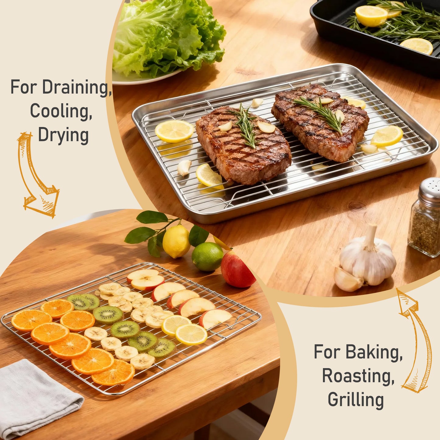 AOKIWO Baking Sheet with Rack Set (2 Pans + 2 Racks), Stainless Steel Baking Pan Cookie Sheet with Cooling Rack, Air Fryer Basket for Baking Grilling Frying