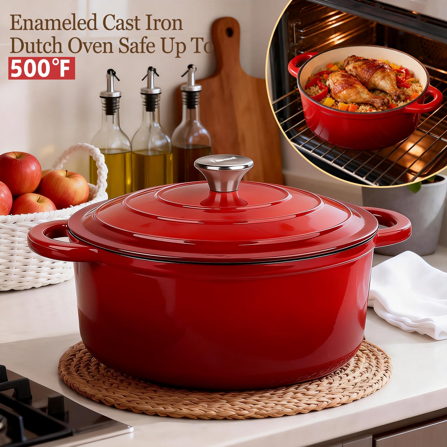 Enameled Cast Iron Dutch Oven, TAIMASI 5QT Dutch Oven Pot with Lid & Cotton Potholders, Heavy-Duty Cookware for Braising, Stews, Roasting, Bread Baking, All Stovetop Compatible (Red)