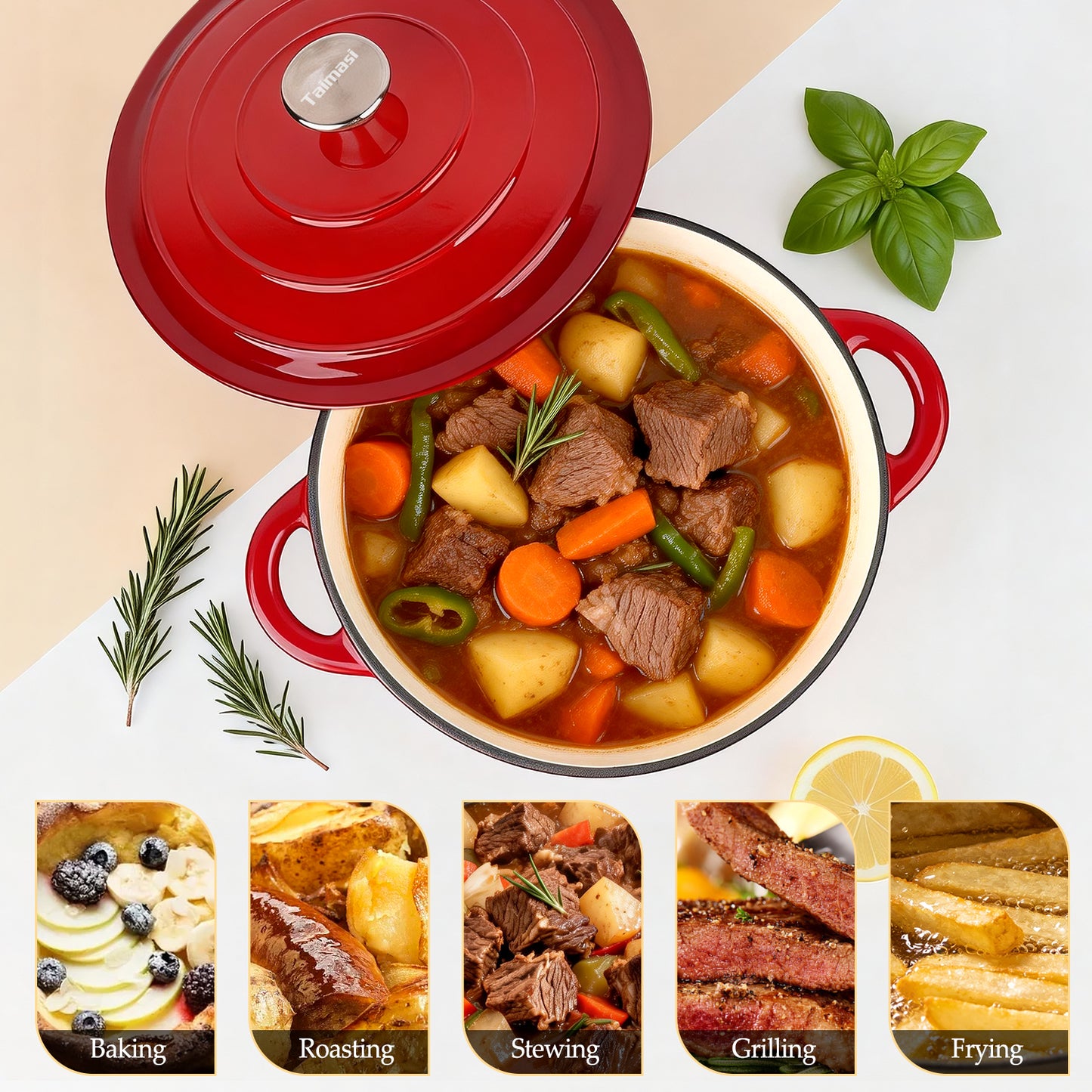 Enameled Cast Iron Dutch Oven, TAIMASI 5QT Dutch Oven Pot with Lid & Cotton Potholders, Heavy-Duty Cookware for Braising, Stews, Roasting, Bread Baking, All Stovetop Compatible (Red)