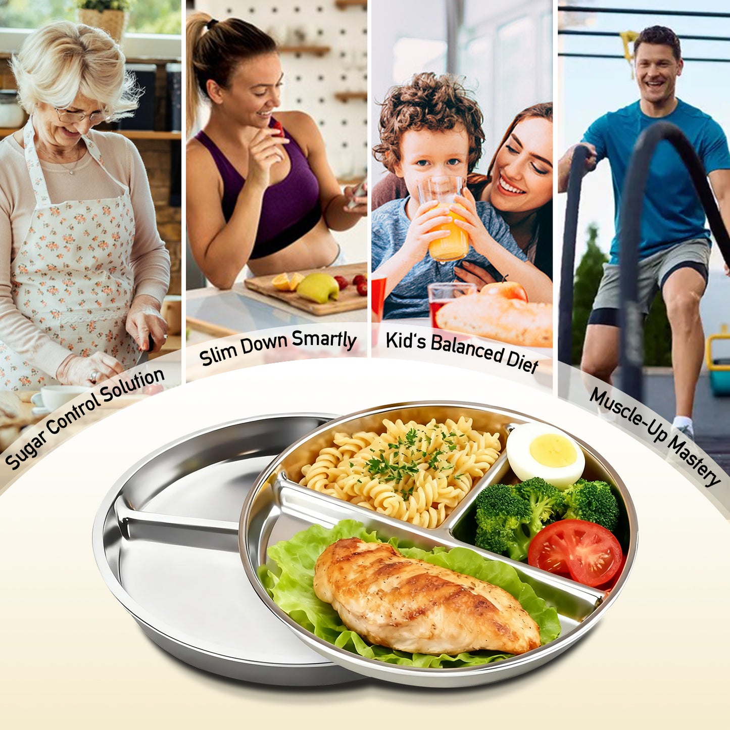 6 Pcs Stainless Steel Divided Plates, TAIMASI 9" Portion Control Divided Metal Plate with 3 Sections, Reusable Plates Round Sectioned Plate for Kids Adults Lunch, Picnic