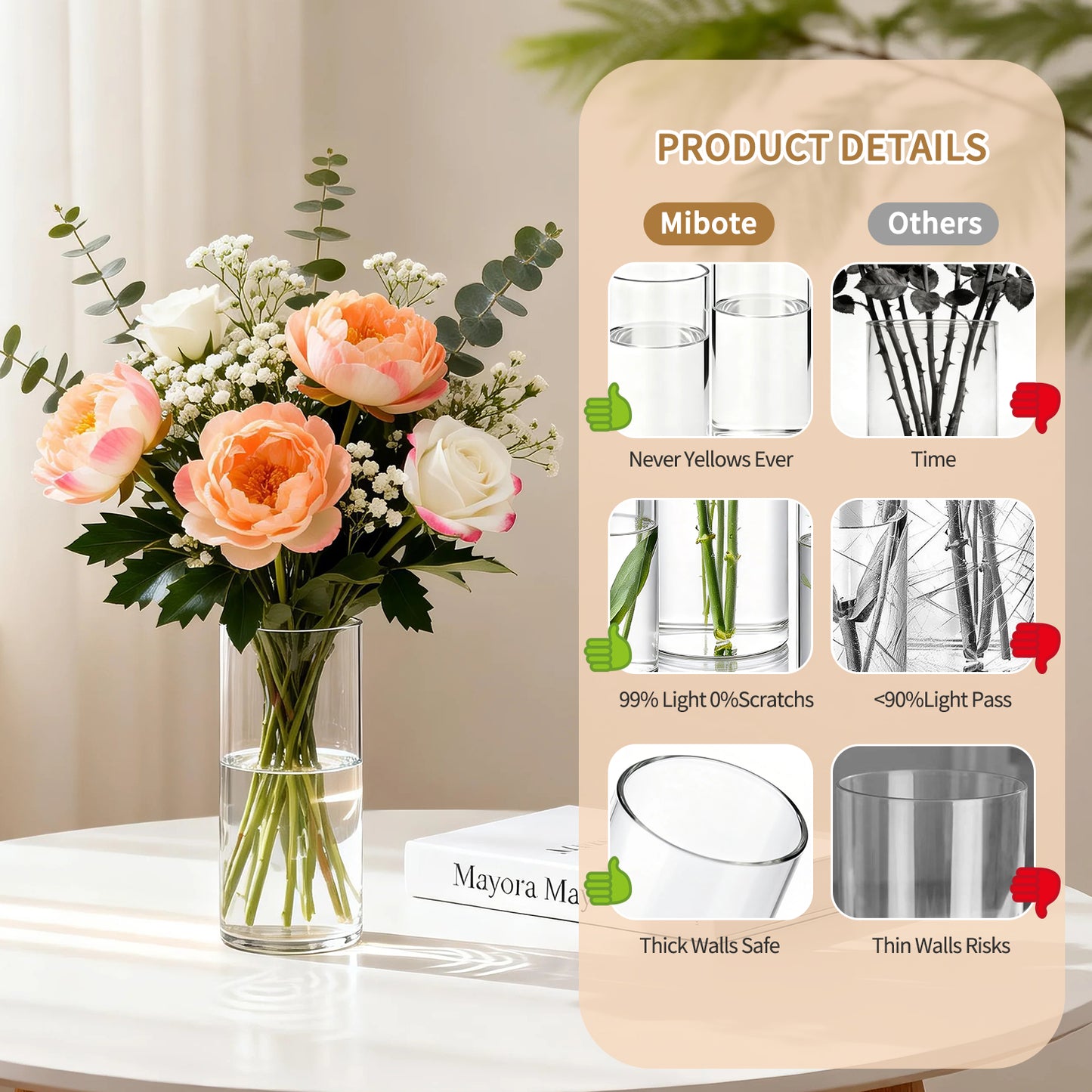 5pcs Modern Cylinder Glass Vase for Home Decor, Wedding Party Decor with Wide Mouth